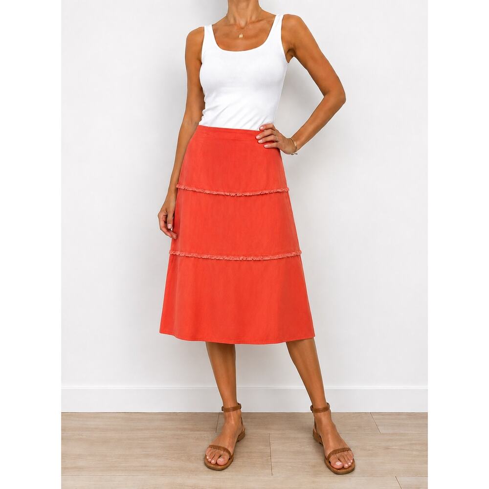 LINEA DONNA Vintage Y2K Coral Linen Blend Tiered Fringe Midi Skirt Resort Small